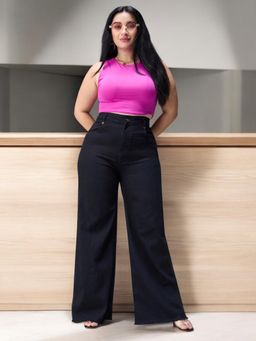 Miss Chase - A+ Curve Collection Plus Size Black High Rise Wide Leg Denim Jeans