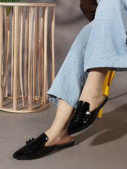 Iconics - Women Bold Style & Comfort Patent Knot Mules Black