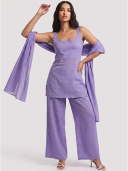 NISHORAMA - Women Purple Plain Mul Kurti and Pant with Dupatta