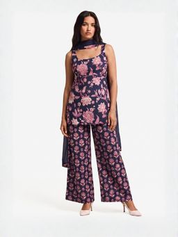 NISHORAMA - Women Blue Block Print Cotton Kurti and Palazzo with Dupatta