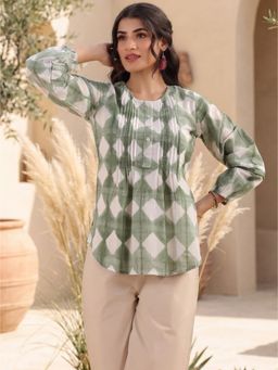 Rain & Rainbow - Women Green Printed Pure Cotton Tunic