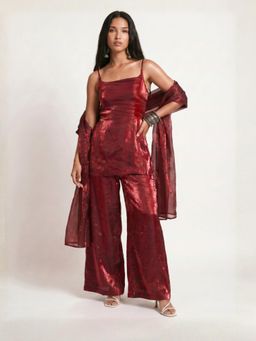 NISHORAMA - Women Maroon Plain Silk Blend Kurti and Palazzo Pant with Dupatta