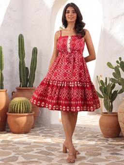 Rain & Rainbow - Women Red Plain Pure Cotton Dress