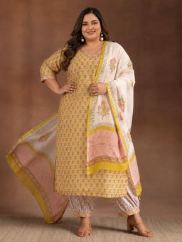 Extra love by Libas - Women Yellow Printed Cotton Kurta and Salwar with Dupatta