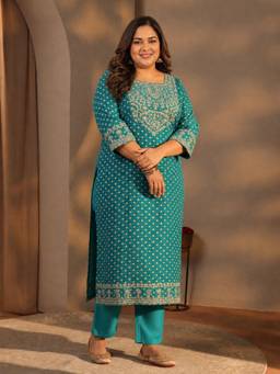 Extra love by Libas - Plus Size Blue Bandhani Printed Silk Blend Straight Suit Set With Dupatta