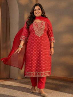 Extra love by Libas - Women Red Thread Work Silk Blend Kurta and Pant with Dupatta