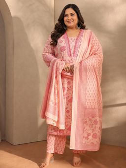 Extra love by Libas - Women Peach Printed Cotton Kurta and Pant with Dupatta