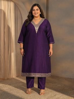 Extra love by Libas - Women Purple Mirror Work Silk Blend Kurta, Pant,