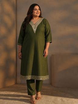Extra love by Libas - Plus Size Green Mirror Work Yoke Design Silk Blend Straight Kurta Set