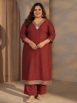 Extra love by Libas - Women Rust Mirror Work Silk Blend Kurta, Pant,