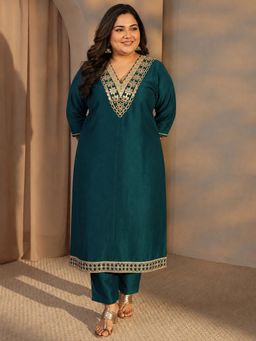 Extra love by Libas - Women Teal Thread Work Silk Blend Kurta, Pant,