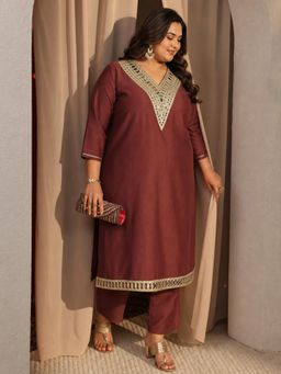 Extra love by Libas - Women Rust Mirror Work Silk Blend Kurta, Pant,