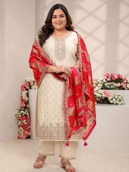 Extra love by Libas - Women Cream Thread Work Silk Blend Kurta and Pant with Dupatta