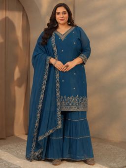 Extra love by Libas - Women Blue Thread Work Chanderi Kurta, Sharara Dupatta