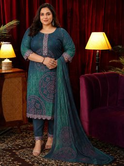 Extra love by Libas - Women Green Printed Cotton Kurta and Pant with Dupatta