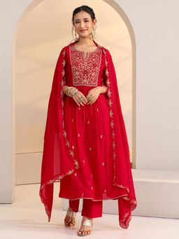 Libas - Women Red Thread Work Chanderi Kurta and Pant with Dupatta