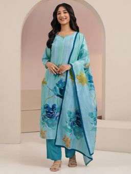 Libas - Women Blue Printed Muslin Kurta and Pant with Dupatta