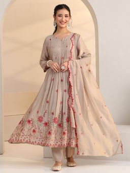 Libas - Women Beige Embroidered Chanderi Anarkali Kurta and Pant with Dupatta