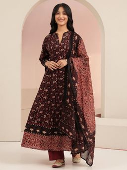 Libas - Women Black Printed Cotton Anarkali Kurta and Pant with Dupatta