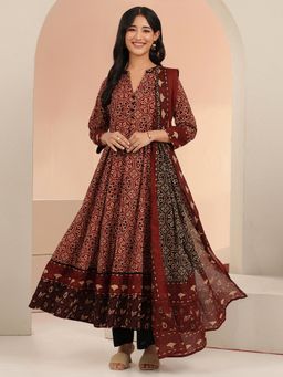 Libas - Women Rust Printed Cotton Anarkali Kurta and Pant with Dupatta