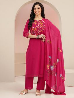Libas - Women Pink Thread Work Cotton Kurta and Pant with Dupatta