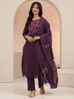 Libas - Women Burgundy Thread Work Cotton Kurta and Pant with Dupatta
