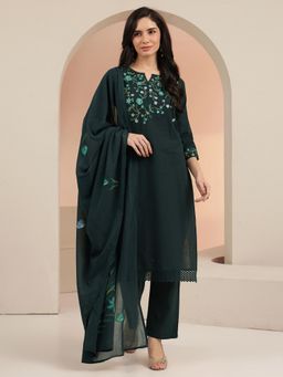 Libas - Women Green Thread Work Cotton Kurta and Pant with Dupatta