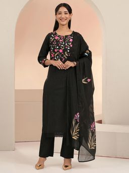 Libas - Women Black Thread Work Cotton Kurta and Pant with Dupatta