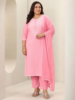 Extra love by Libas - Women Pink Thread Work Cotton Kurta and Pant with Dupatta