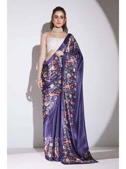 RACHNA - Women Purple Printed Satin Saree with Unstiched Blouse