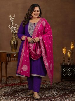 Extra love by Libas - Women Purple Thread Work Silk Blend Kurta and Pant with Dupatta