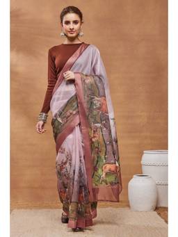 RACHNA - Women Peach Printed Silk Blend Saree with Unstiched Blouse