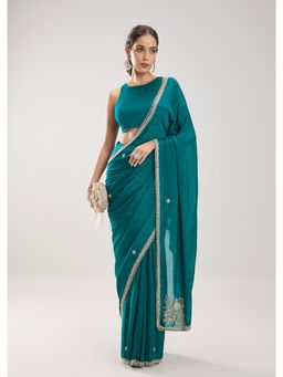 KALKI FASHION - Women Blue Lace Work Chinon Saree with Unstiched Blouse