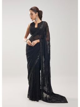 KALKI FASHION - Women Black Embellished/Sequined Silk Blend Saree with Unstiched Blouse