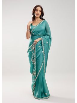 KALKI FASHION - Women Blue Lace Work Silk Blend Saree with Unstiched Blouse