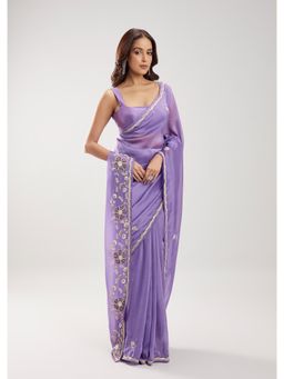 KALKI FASHION - Women Mauve Lace Work Silk Blend Saree with Unstiched Blouse