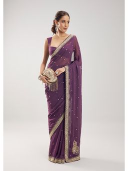 KALKI FASHION - Women Burgundy Lace Work Georgette Saree with Unstiched Blouse