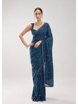 KALKI FASHION - Women Blue Embroidered Silk Blend Saree with Unstiched Blouse