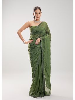 KALKI FASHION - Women Green Embroidered Silk Blend Saree with Unstiched Blouse
