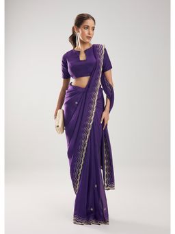 KALKI FASHION - Women Purple Embroidered Silk Blend Saree with Unstiched Blouse