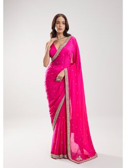 KALKI FASHION - Women Pink Embroidered Chinon Saree with Unstiched Blouse