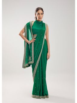 KALKI FASHION - Women Green Embroidered Chinon Saree with Unstiched Blouse