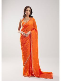 KALKI FASHION - Women Orange Embroidered Silk Blend Saree with Unstiched Blouse