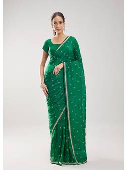 KALKI FASHION - Women Green Embroidered Silk Blend Saree with Unstiched Blouse