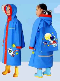 Little Surprise Box - Red Bordered Cobalt Blue Space Theme Long Style Raincoat