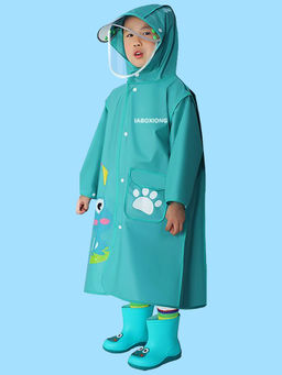 Little Surprise Box - Teal Froggy Themed Knee Length Raincoat