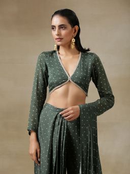 trueBrowns - Dark Green Bandhani Printed Silk Full Sleeve Blouse