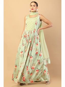 Soch - Women Green Floral Gown with Dupatta (Set of 2)