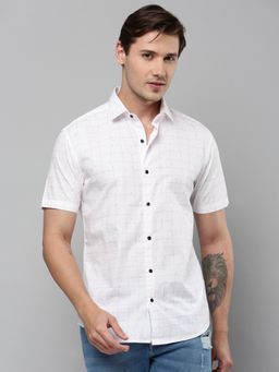 SHOWOFFFF - Men Collar Neck Short Sleeves Checked White Shirt