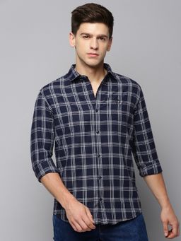 SHOWOFFFF - Men Collar Neck Long Sleeves Checked Navy Blue Shirt